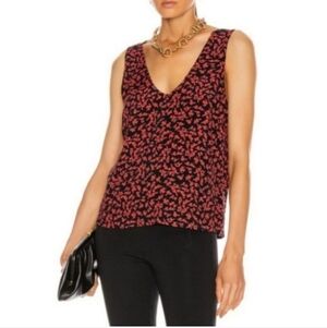 Ganni Black And Red Print Sleeveless V-Neck Crepe Top Size 4